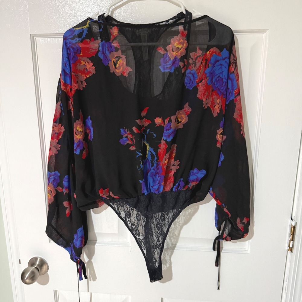 Free People‎ Intimately Floral Lace Racerback Bodysuit Black Sheer Long Sleeve L